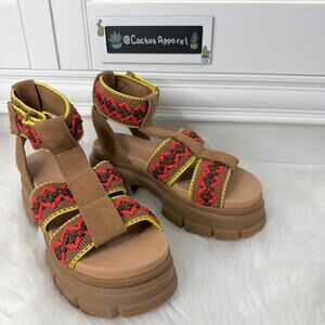 New UGG Ashton Heritage Braid Brown Suede Neon Trim Platform Sandals Size 7